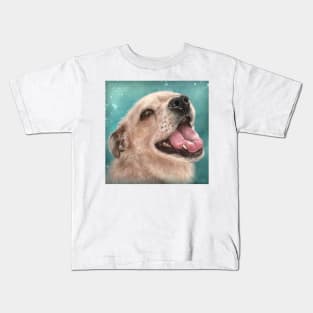 Painting of a Happy Blond Labrador Smiling on Light Blue Background Kids T-Shirt